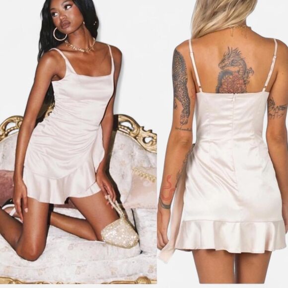 Princess Polly Cottage Hill Champagne Satin Wrap Mini Dress Ruffle Hem (Sz S/4) - Picture 8 of 8